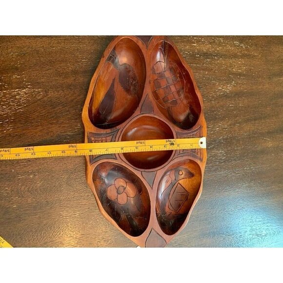 - Carved Oval Wooden Bowl 5 Compartments Heavy - Picture 6 of 6